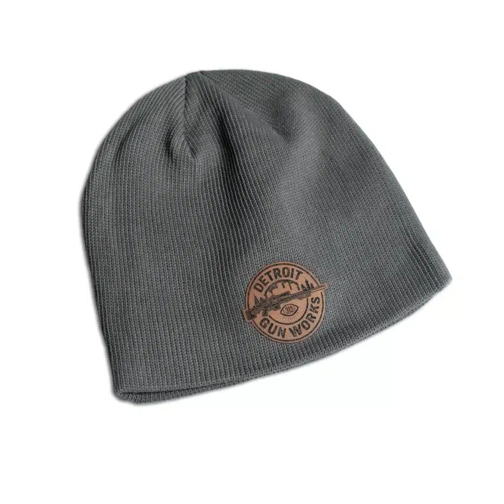 grey black on ammo beanie with leather patch